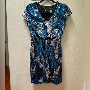 Women’s Blue Silver Cache Sequined Pencil Dress Size Small